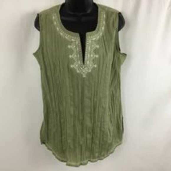 MYSTIQUE AURA Moss Green Sleeveless White Embroidered BOHO Tunic Size Pt. XL New - Picture 5 of 8